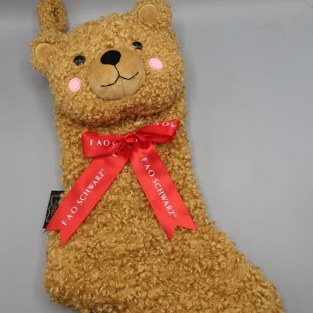 FAO Schwarz Brown Teddy Bear Stocking w Red Bow Christmas Stuffed Animal Plush